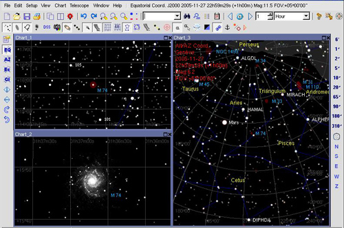 Вікно програми-планетарія поділене на три частини, в яких обрана область простору відображується у різному масштабі